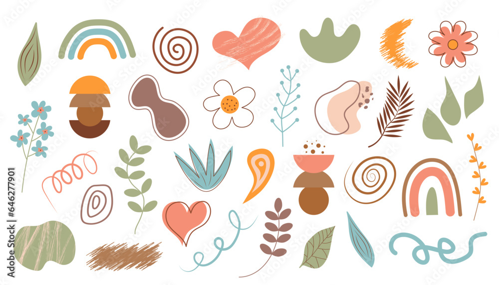 Abstract boho shapes, natural textures, lines, floral forms and doodle plants. Hand draw abstract design elements in pastel color. Art form for social media stories.