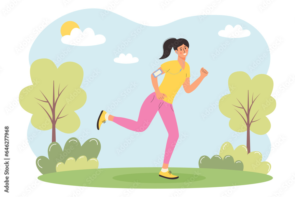 Woman Running in a Summer Park with headphones and smartphone. Active Lifestyle, Exercising outdoors, Running, Cardio workout concept. Woman Running in a Summer Park with headphones and smartphone. Active Lifestyle, Exercising outdoors, Running, Cardio workout concept.