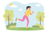 Woman Running in a Summer Park with headphones and smartphone. Active Lifestyle, Exercising outdoors, Running, Cardio workout concept.
