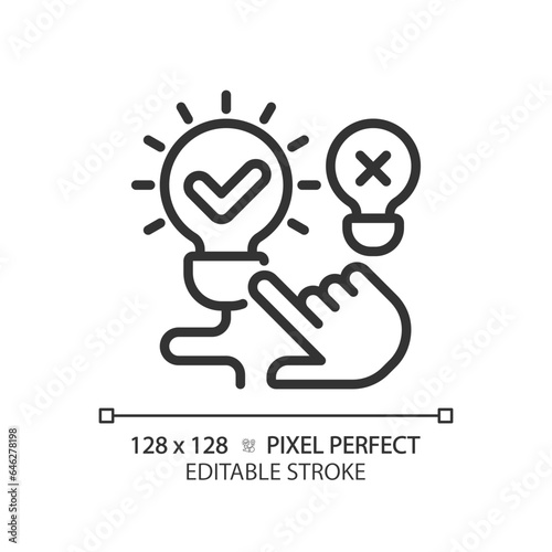 2D pixel perfect customizable black hand pointing at illuminated light bulb icon, isolated vector, thin line illustration representing comparisons.