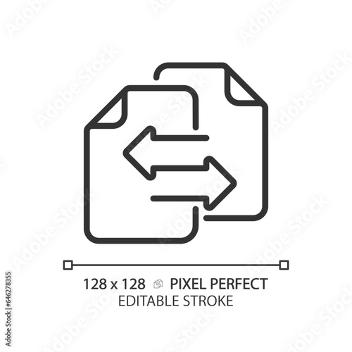 2D pixel perfect customizable black documents with arrow symbols icon, isolated vector, thin line illustration representing comparisons.
