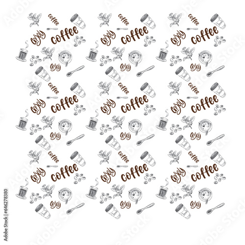 Coffee seamless pattern with a cups. Seamless texture of coffee icons. Vintage restaurant menu. Food and drink pattern. Vector illustration