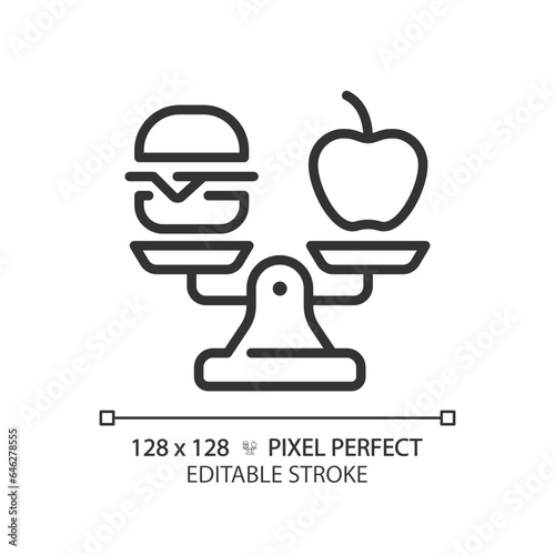 2D pixel perfect customizable black food on weight scale icon, isolated vector, thin line illustration representing comparisons.