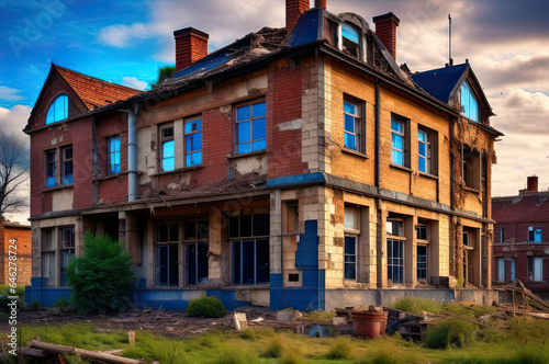 An abandoned two-story building, old and dilapidated. A terrible place. Scary house. © Romaboy