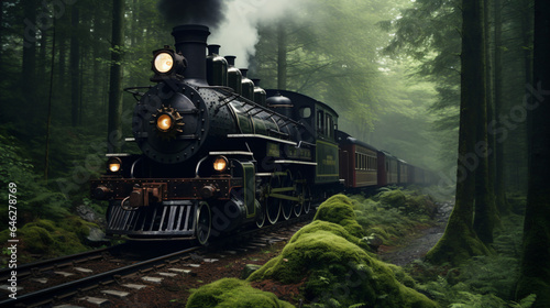 Vintage old steam train in the forest slow travel