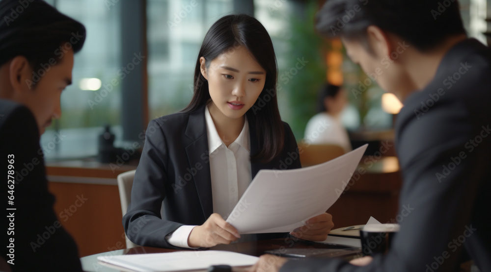 オフィスで資料を見ながら難しい顔をする日本人の女性社員 オフィスで資料を見ながら難しい顔をする日本人の女性社員