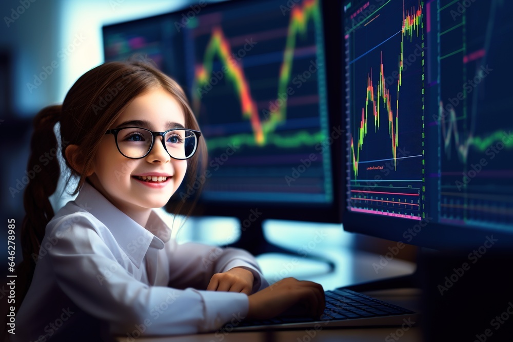 Portrait of a cute little girl in glasses and a business suit sitting at the table in front of a computer monitor with a stock chart.Generative Ai Portrait of a cute little girl in glasses and a business suit sitting at the table in front of a computer monitor with a stock chart.Generative Ai
