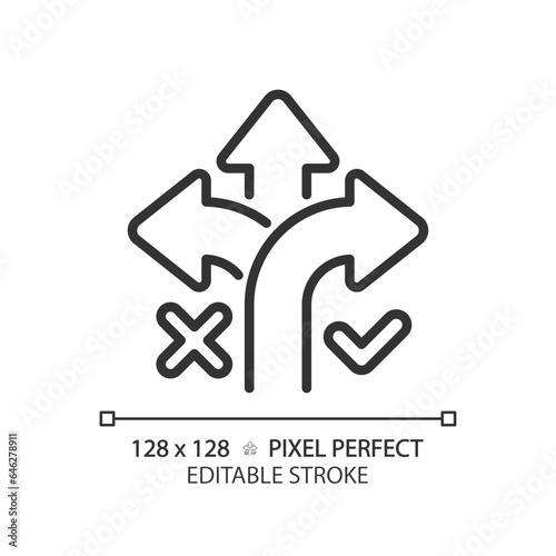 2D pixel perfect customizable black correct way icon, isolated vector, thin line illustration representing comparisons.
