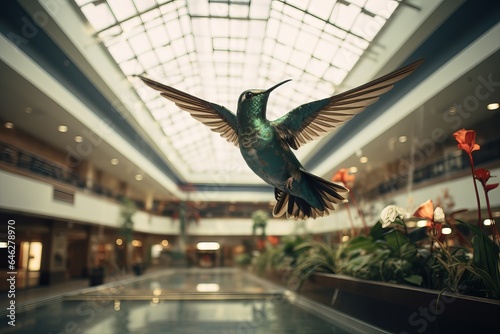 A hummingbird hovering inside a shopping mall. © Oleksandr