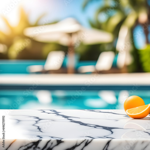 Empty marble table, blurred summer sea background with copy space for your product