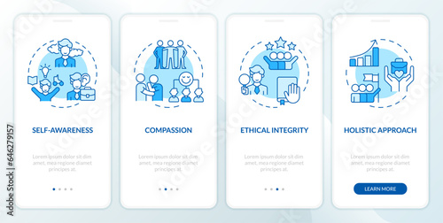 2D icons representing mindful entrepreneurship mobile app screen set. Walkthrough 4 steps blue graphic instructions with line icons concept, UI, UX, GUI template.