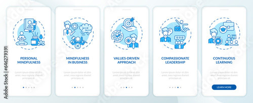 2D icons representing mindful entrepreneurship mobile app screen set. Walkthrough 5 steps blue graphic instructions with linear icons concept, UI, UX, GUI template.