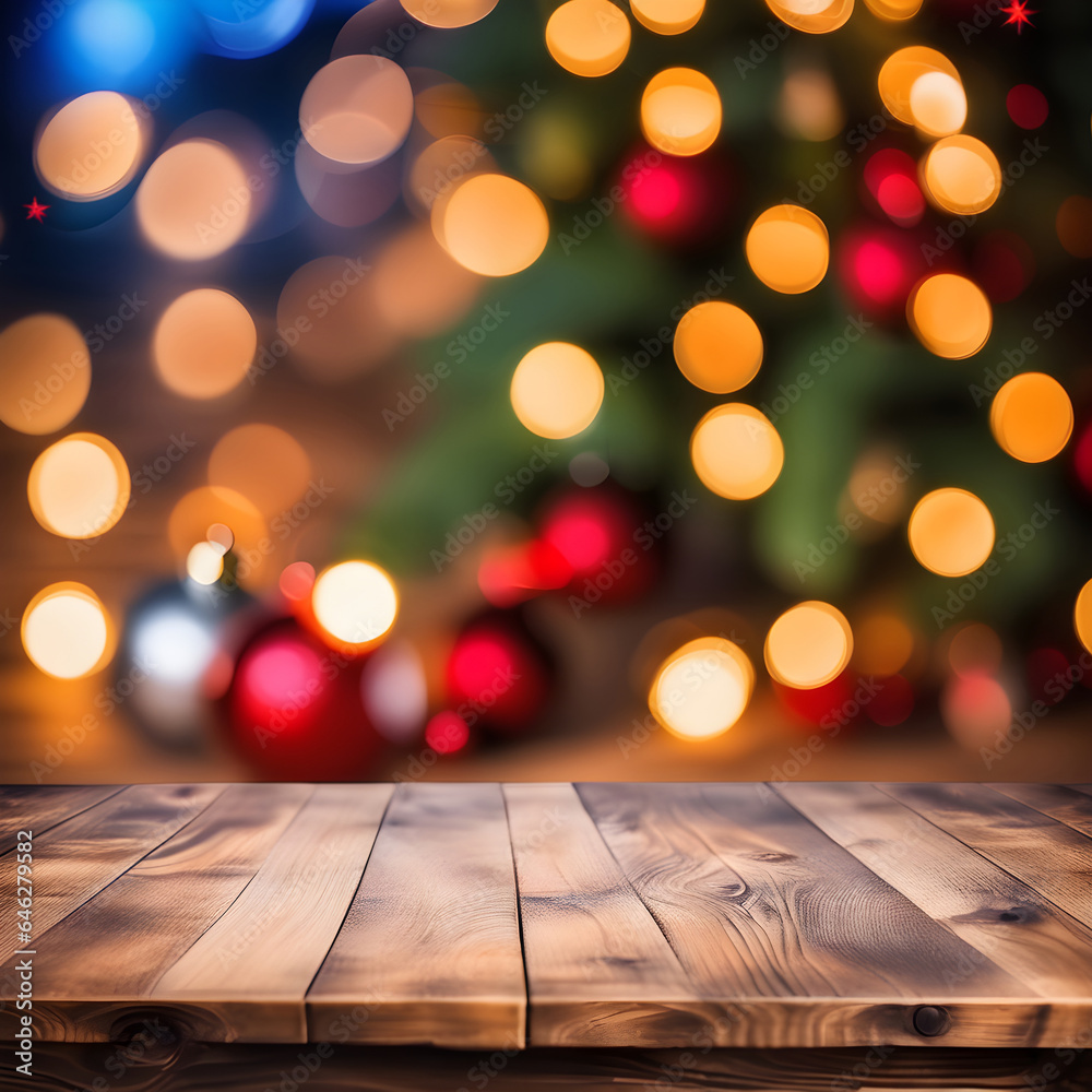 Empty wooden table, blurred Christmas background Empty wooden table, blurred Christmas background