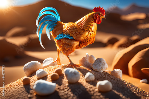 A golden chicken standing on dry rocks under the heat of the desert sun photo
