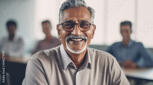 In an office, a senior Indian man is in charge of a meeting. Generative AI © iuricazac