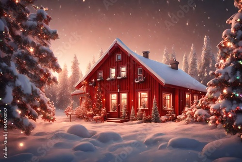 3D scene of a red wooden house in Sweden during the holiday season. Highlight a beautifully decorated exterior with colorful Christmas lights, wreaths, and a snow-covered garden.