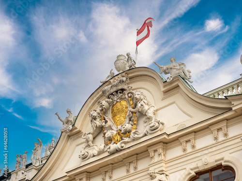August 5, 2023, Austria, Vienna. Top of the façade of the Austrian Parliament building.