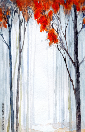 Trees in the winter forest. Watercolor landscape © Marina
