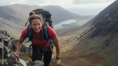Lady climber with rucksack climbs soak rough landscape