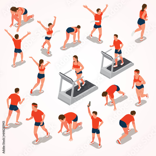 isometric set people running jogging treadmill taking part marathon isolated vector illustration