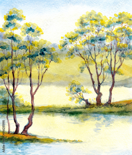Watercolor landscape. Trees by the lake © Marina