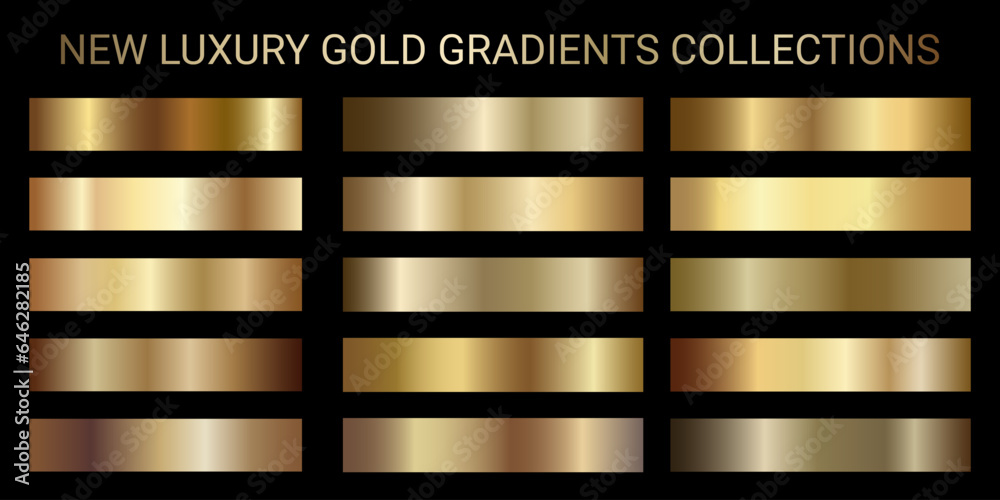 Luxury gold gradients vector. Golden gradients set of metallic festive gold vector color gradation collection. For Christmas cards, banners, rings, fonts, New Year Eve party flyers, invitation card