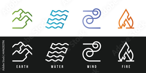 4 Elements of nature symbols collection - Earth, Water, Wind and Fire with modern border line icon symbols gradient and white tone style vector design