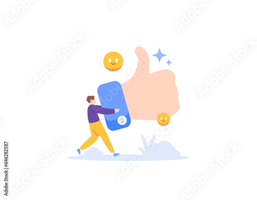 like concept. positive reviews or feedback. get the thumbs up. customer satisfaction. man giving thumbs up. voting and rating. flat and minimalist illustration concept design. vector elements. white 
