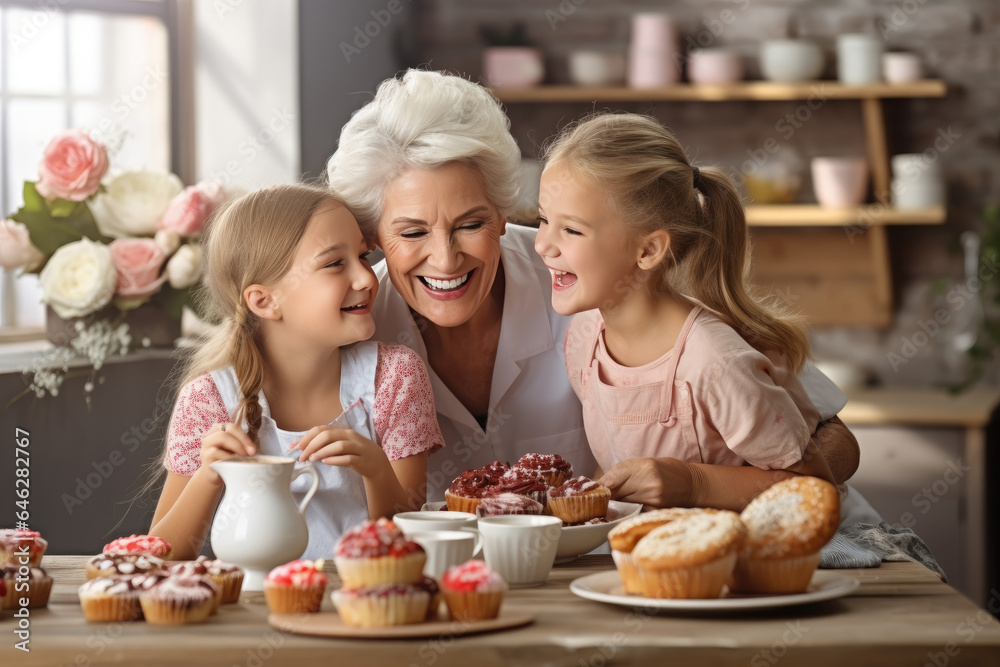 Happy grandmother with granddaughters baking cupcakes on a wooden table in the kitchen
