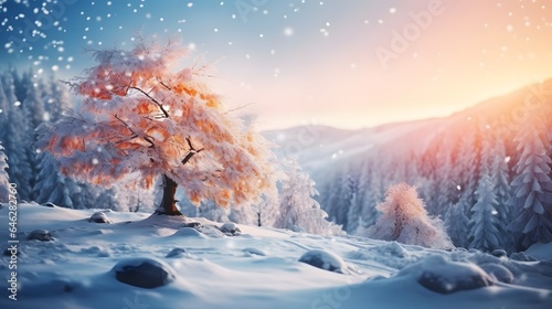 Mysterious landscape majestic mountains in winter. Magical snow covered tree. Photo greeting card. Bokeh light effect, soft filter.