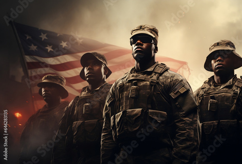 A group of soldiers standing with respect to the United States flag. AI Generated Images
