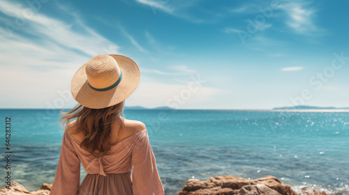 Woman in sun hat standing against wonderful blue sea