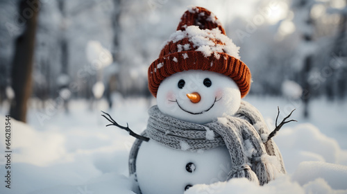 Cute snowman in winter clothes on a snowy background. Winter landscape. Christmas card. Generative AI © Gulnaz