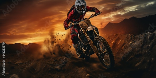 Close-up of a motocross rider with a sunset in the background photo