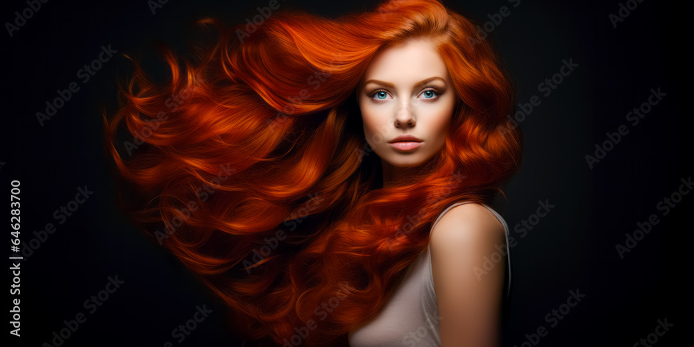 Young red haired woman with gorgeous voluminous long hair, dense, hairstyle. hair dye, hairstyle