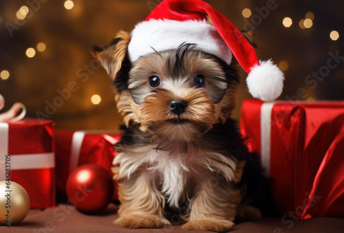 Cute Yorkshire Terrier wearing a Santa Claus hat. Dog in a Christmas setting. Generative AI
