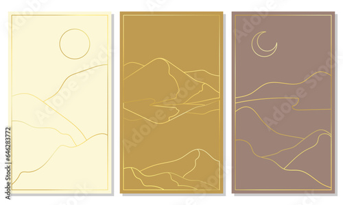 Set of cards with natural landscape with line pattern vector. Abstract artistic background. Image of mountains, forests