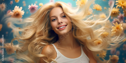 Beauty blonde woman blowing long wavy hair, healthy skin, natural makeup, on flowers background