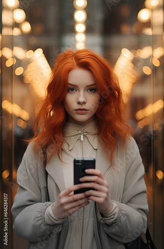 a young redhaired woman in a grey coat taking a picture with her mobile