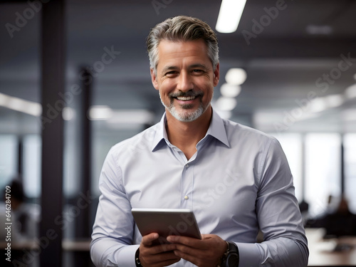 Middle aged happy successful businessman holding digital tablet standing in his modern office.