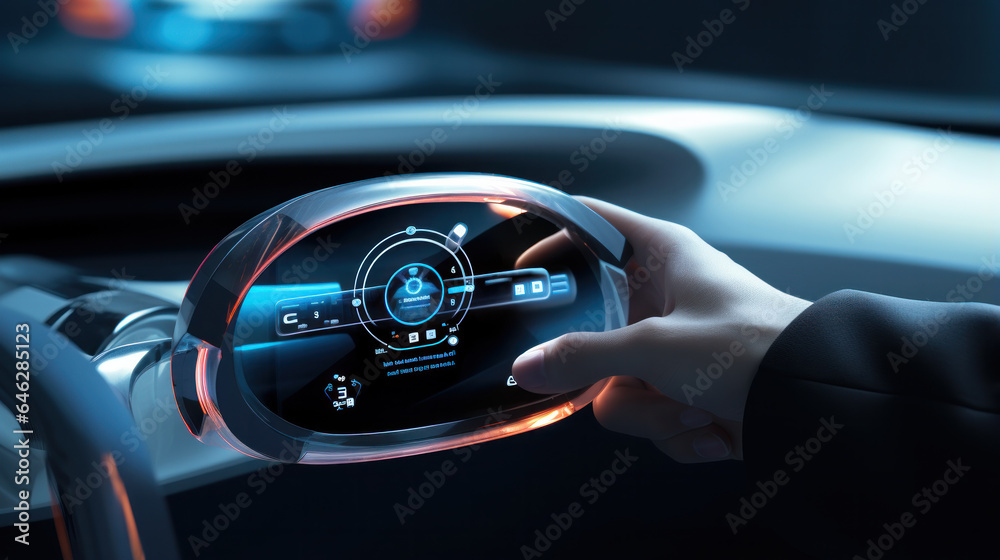 Futuristic instrument panel of vehicle. self-driving car control