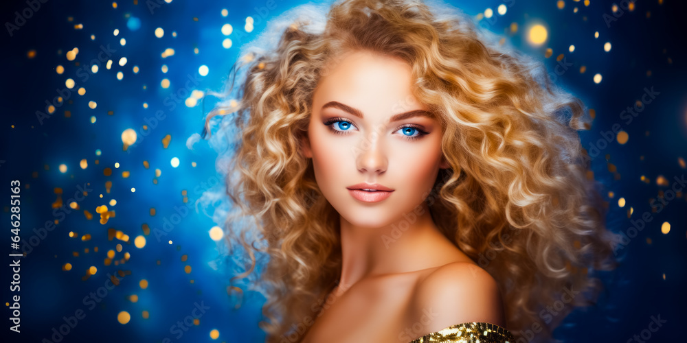 beauty blond woman with curly hair on blue, golden glitter background. hairstyle concept. free space beauty blond woman with curly hair on blue, golden glitter background. hairstyle concept. free space