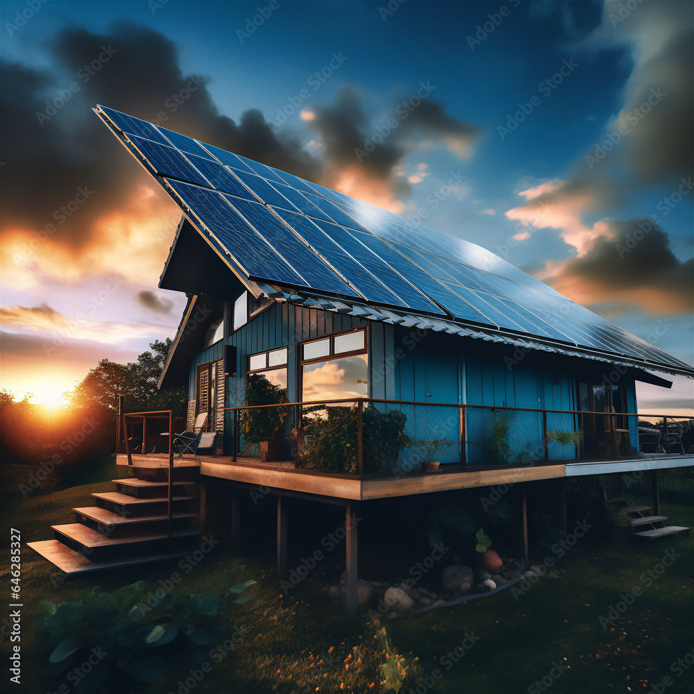 Solar panels on roof of the house renevable energy green power photovoltaic with sunlight at sunset