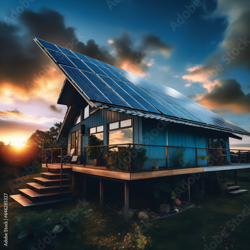 Solar panels on roof of the house renevable energy green power photovoltaic with sunlight at sunset