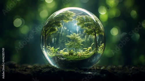 Capture a stunning photograph of a glass globe enveloped in a biodegradable bubble, signifying the fragility and importance of our planet in the context of green energy © Yasin Arts