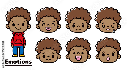 Set of illustrations of black boys with various expressions