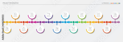 Infographic process design with icons and 14 options or steps.