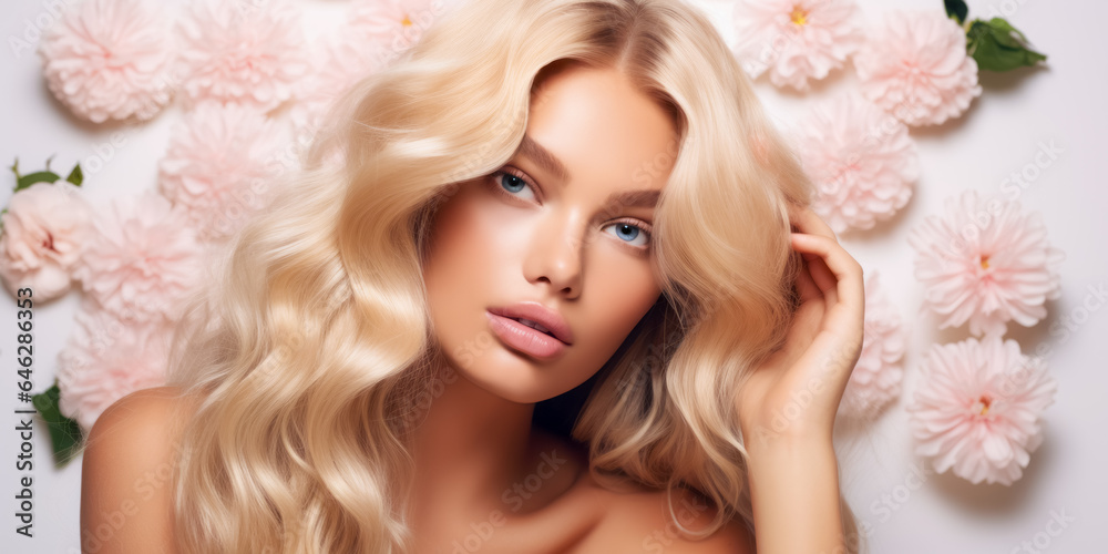 Beauty blonde woman long wavy hair, healthy skin, natural makeup, blue eyes on flowers background Beauty blonde woman long wavy hair, healthy skin, natural makeup, blue eyes on flowers background