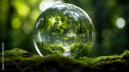 Capture a stunning photograph of a glass globe enveloped in a biodegradable bubble, signifying the fragility and importance of our planet in the context of green energy