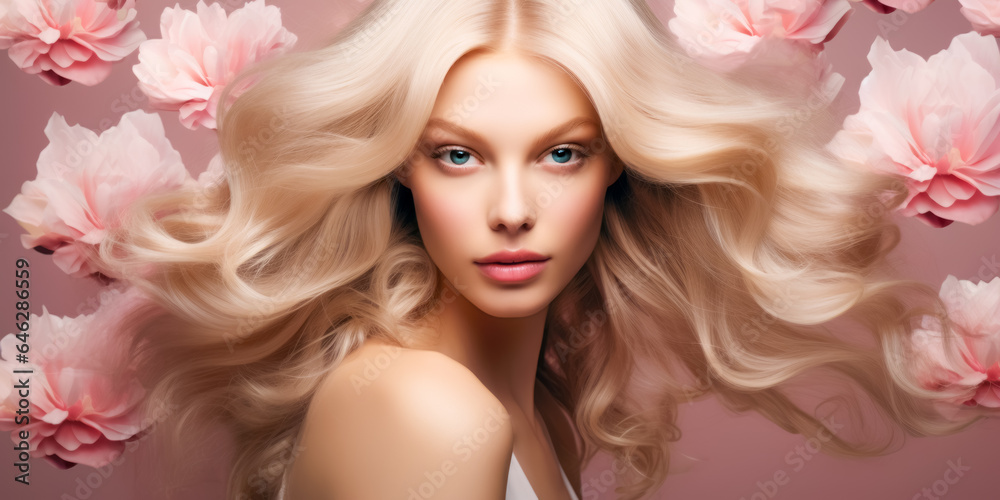 Beauty blonde woman long wavy hair, healthy skin, natural makeup, blue eyes on flowers background Beauty blonde woman long wavy hair, healthy skin, natural makeup, blue eyes on flowers background